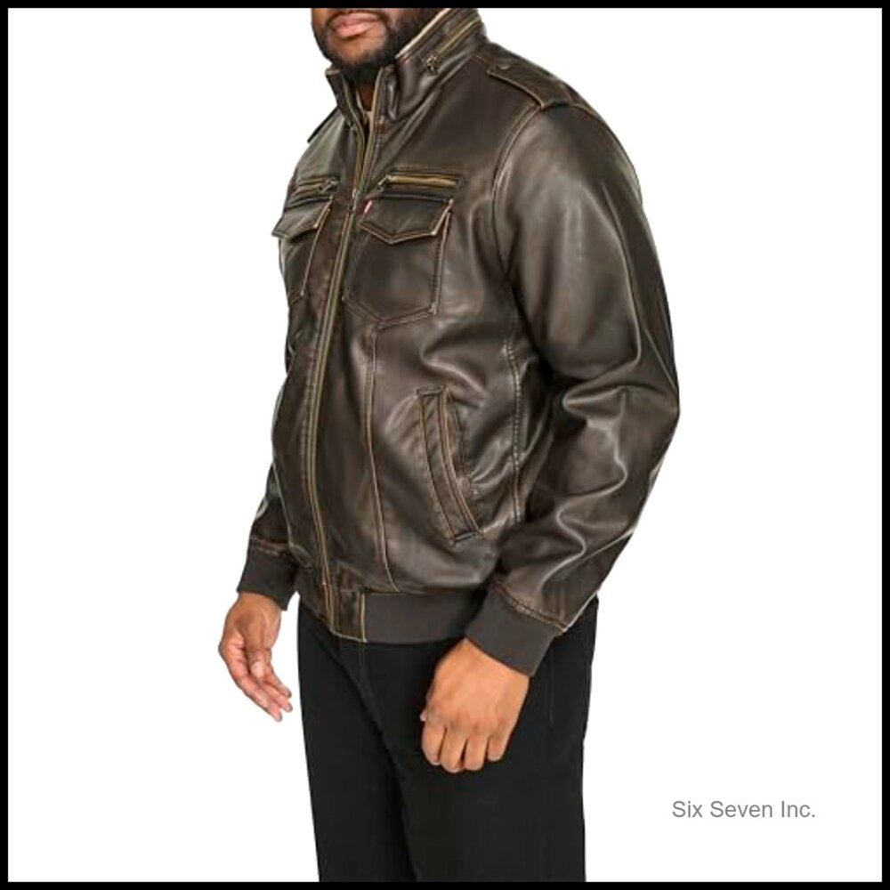 Vintage Faux Leather Aviator Bomber Jacket with Sherpa Lining - Picture 3 of 7
